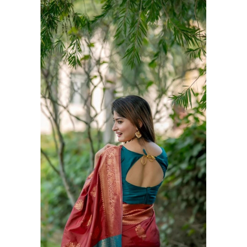 Women's Katan_Silk Zari_Weaving Saree With Unstitched Blouse 5.5Mtr (Maroon)