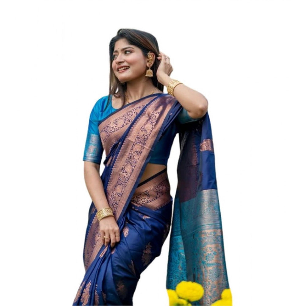 Women's Katan_Silk Zari_Weaving Saree With Unstitched Blouse 5.5Mtr (Navy_Blue)