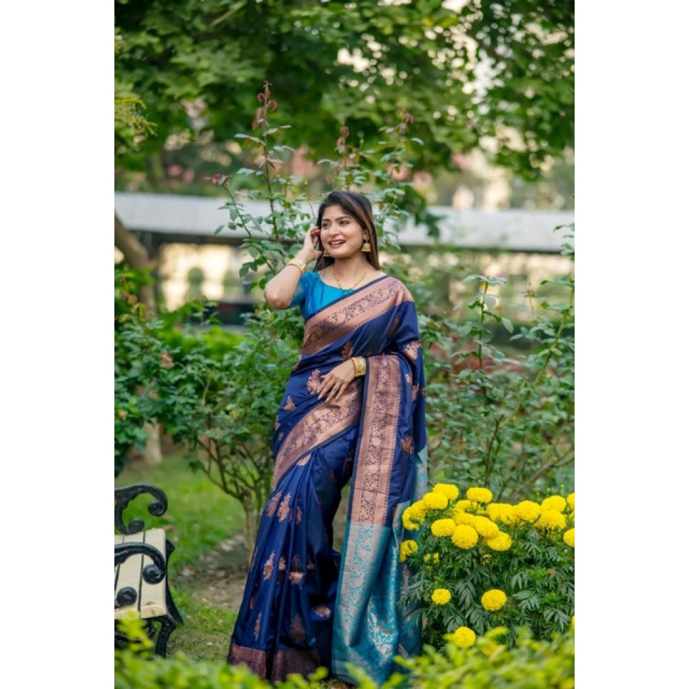 Women's Katan_Silk Zari_Weaving Saree With Unstitched Blouse 5.5Mtr (Navy_Blue)