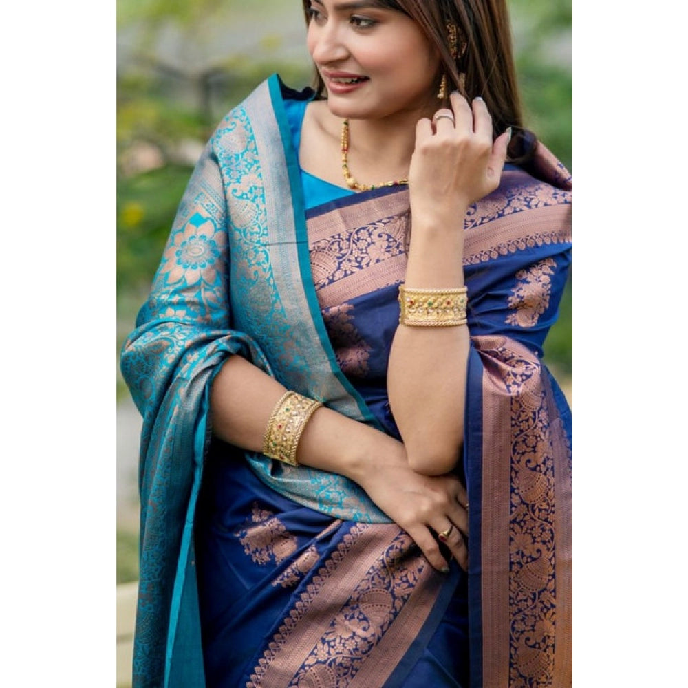Women's Katan_Silk Zari_Weaving Saree With Unstitched Blouse 5.5Mtr (Navy_Blue)