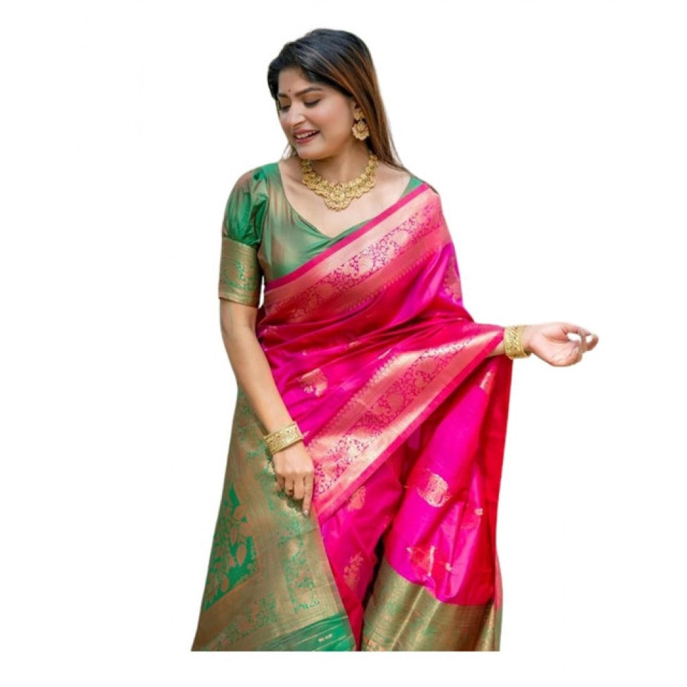 Women's Katan_Silk Zari_Weaving Saree With Unstitched Blouse 5.5Mtr (Pink)