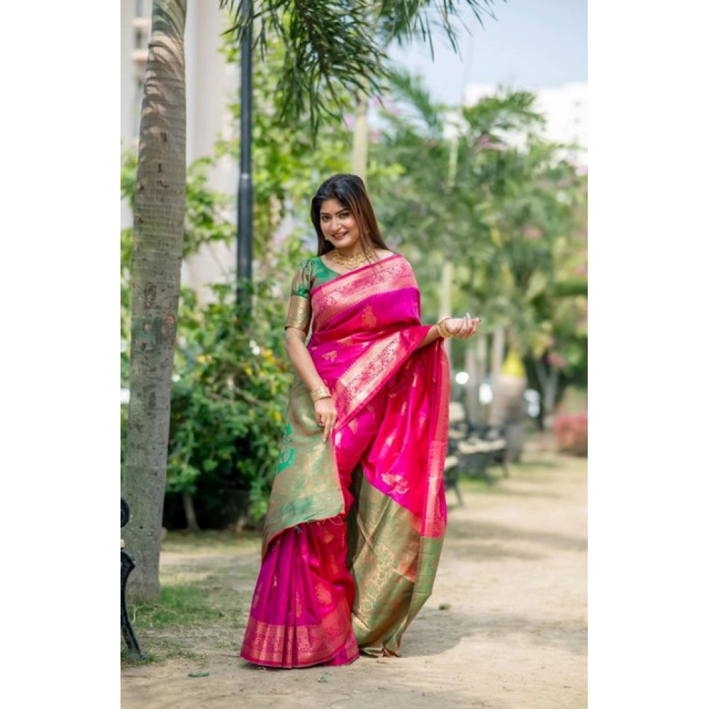 Women's Katan_Silk Zari_Weaving Saree With Unstitched Blouse 5.5Mtr (Pink)