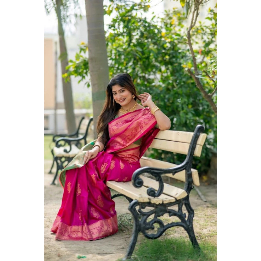 Women's Katan_Silk Zari_Weaving Saree With Unstitched Blouse 5.5Mtr (Pink)