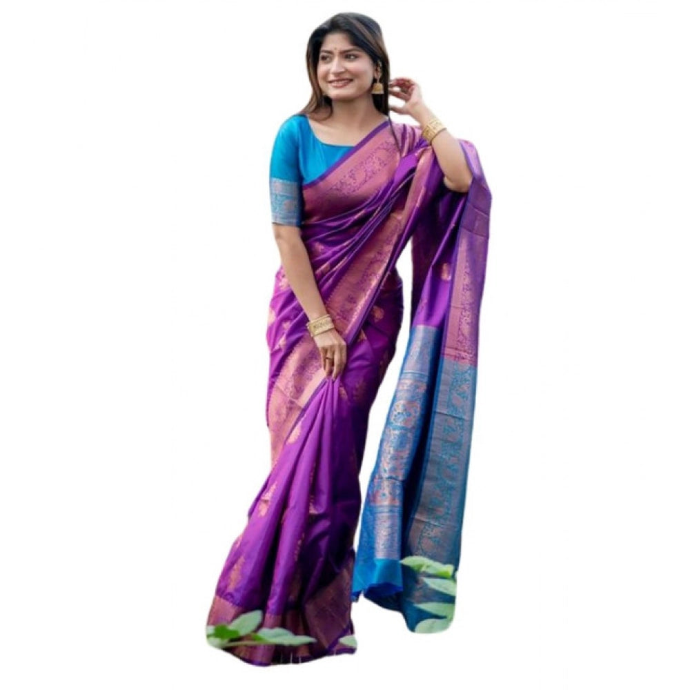 Women's Katan_Silk Zari_Weaving Saree With Unstitched Blouse 5.5Mtr (Purple)