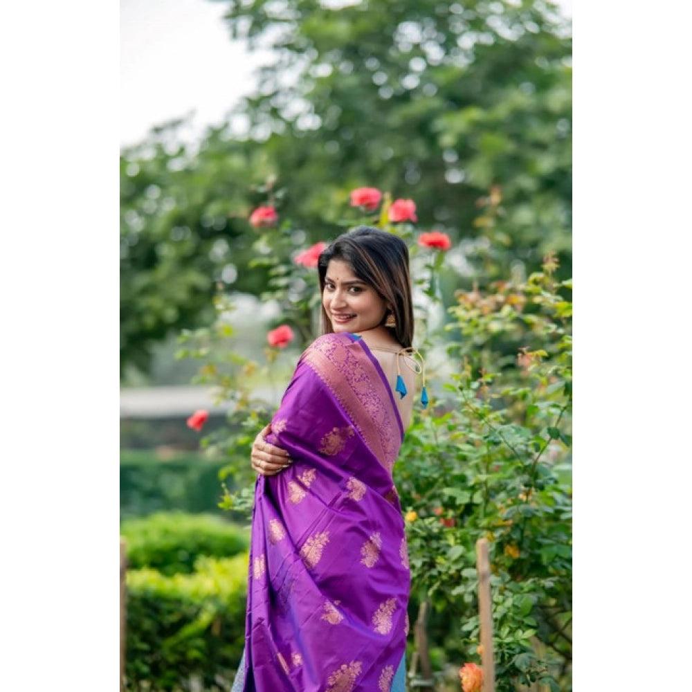 Women's Katan_Silk Zari_Weaving Saree With Unstitched Blouse 5.5Mtr (Purple)