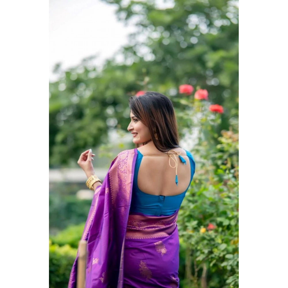 Women's Katan_Silk Zari_Weaving Saree With Unstitched Blouse 5.5Mtr (Purple)