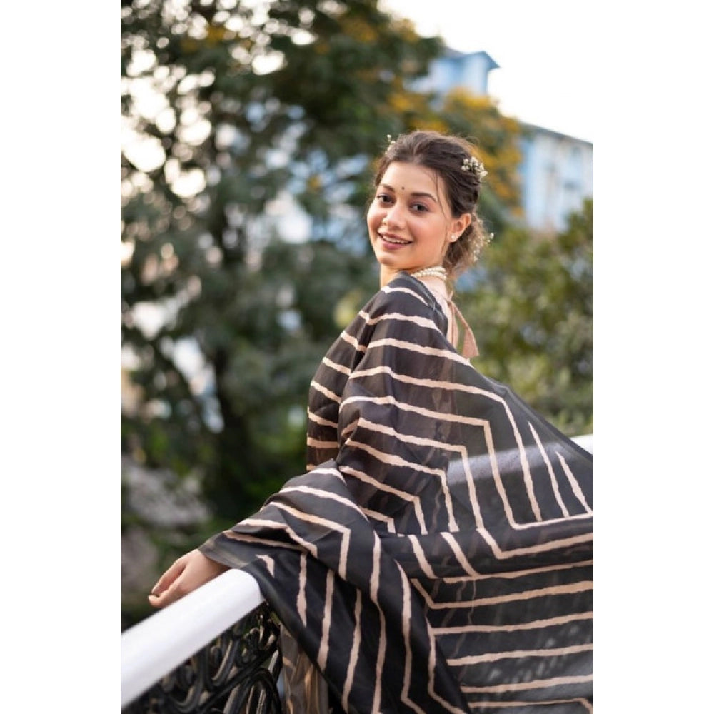 Women's Faux_Tussar_Silk Geometric_Print Saree With Unstitched Blouse 5.5Mtr (Black)