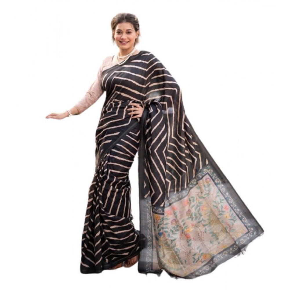 Women's Faux_Tussar_Silk Geometric_Print Saree With Unstitched Blouse 5.5Mtr (Black)