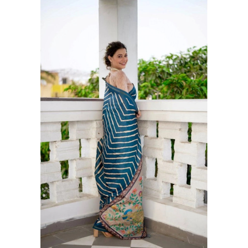 Women's Faux_Tussar_Silk Geometric_Print Saree With Unstitched Blouse 5.5Mtr (Blue)