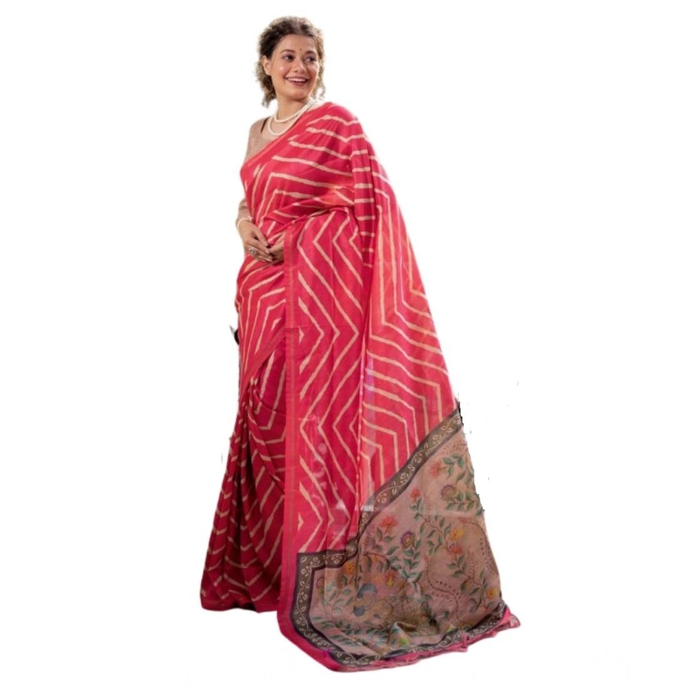 Women's Faux_Tussar_Silk Geometric_Print Saree With Unstitched Blouse 5.5Mtr (Pink)