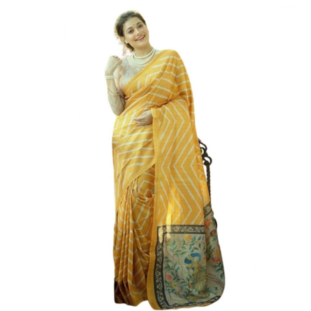 Women's Faux_Tussar_Silk Geometric_Print Saree With Unstitched Blouse 5.5Mtr (Mustard)