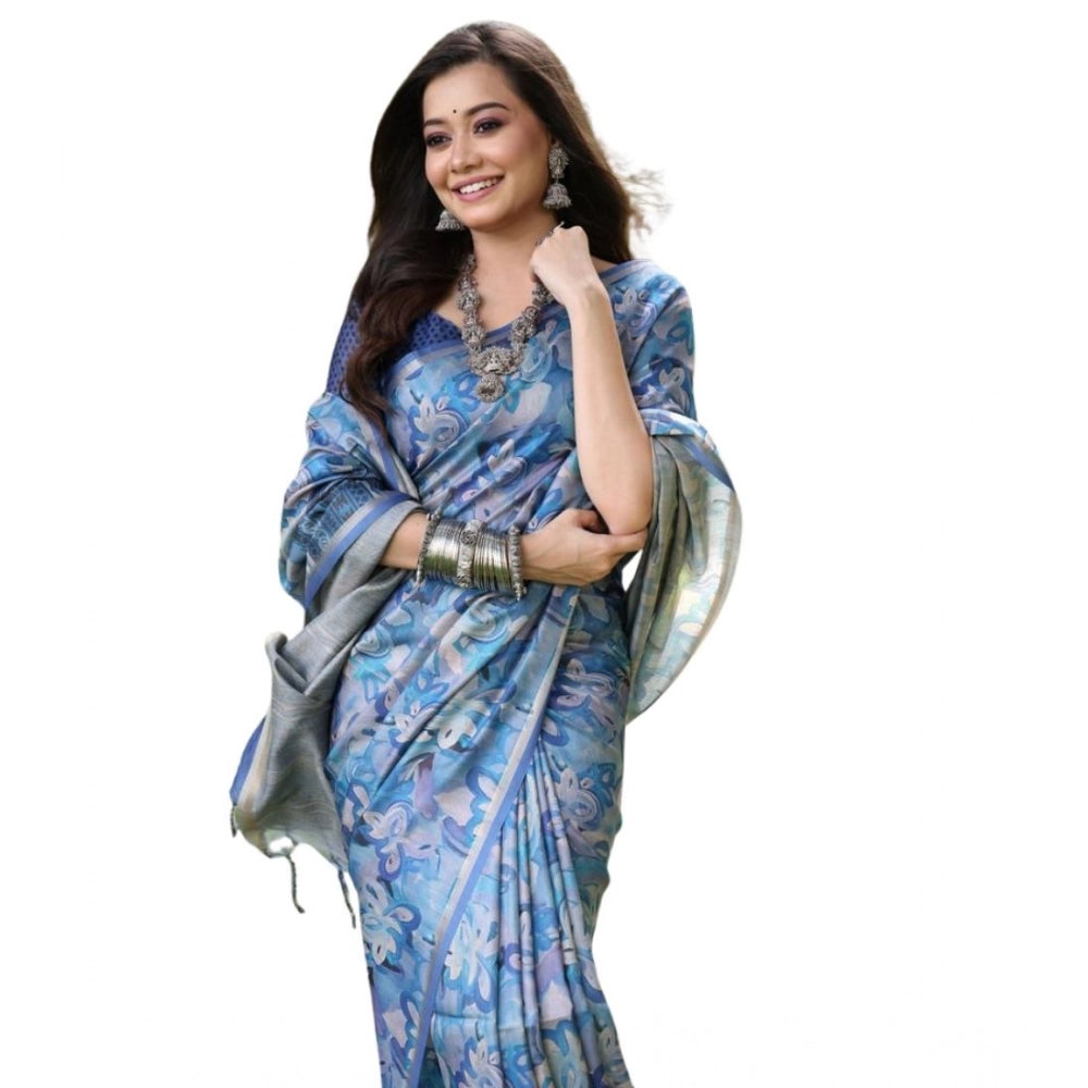 Women's Faux_Tussar_Silk Abstract_Print Saree With Unstitched Blouse 5.5Mtr (Blue)