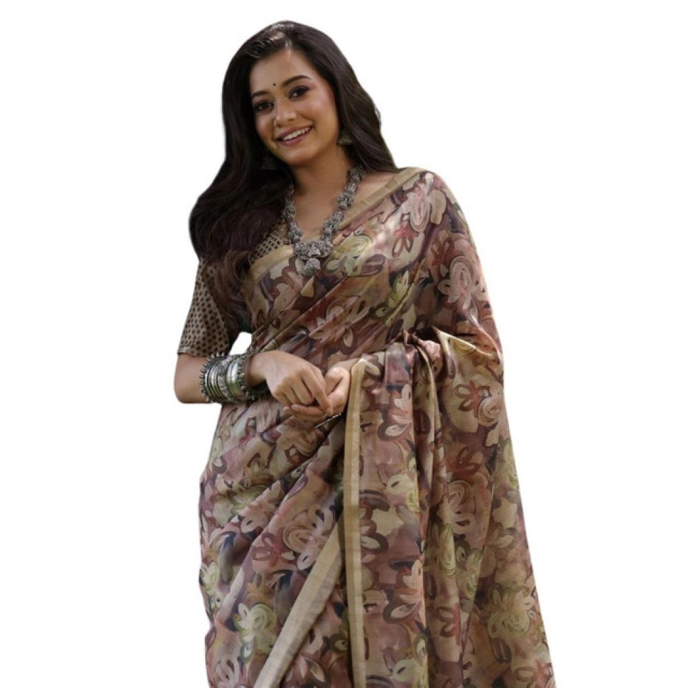 Women's Faux_Tussar_Silk Abstract_Print Saree With Unstitched Blouse 5.5Mtr (Brown)