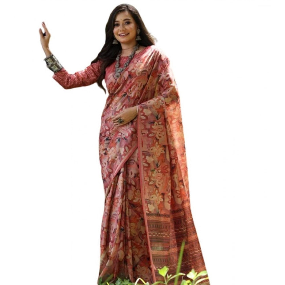 Women's Faux_Tussar_Silk Abstract_Print Saree With Unstitched Blouse 5.5Mtr (Peach)