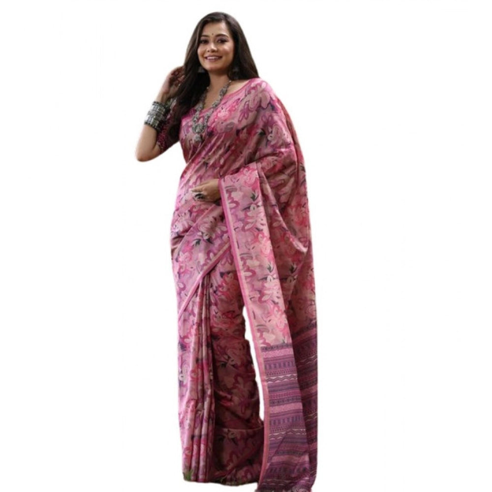 Women's Faux_Tussar_Silk Abstract_Print Saree With Unstitched Blouse 5.5Mtr (Pink)