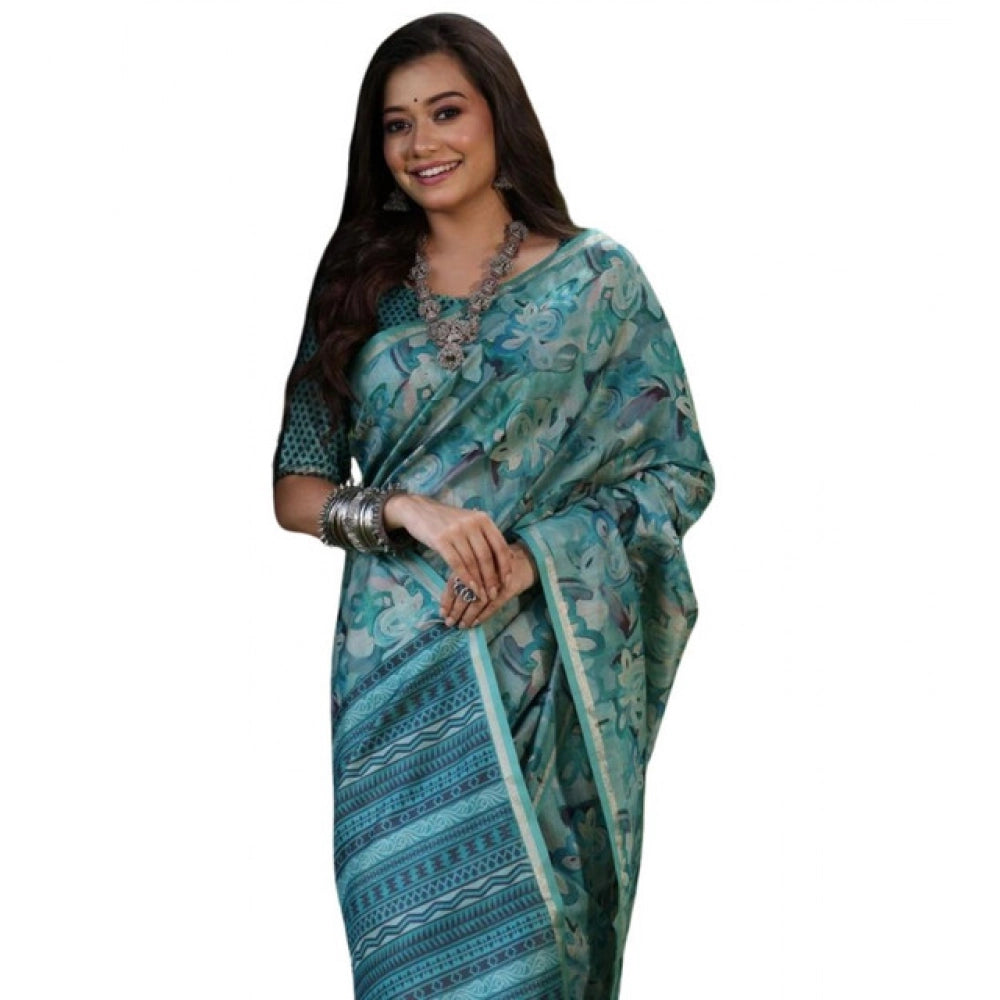 Women's Faux_Tussar_Silk Abstract_Print Saree With Unstitched Blouse 5.5Mtr (Sea_Green)