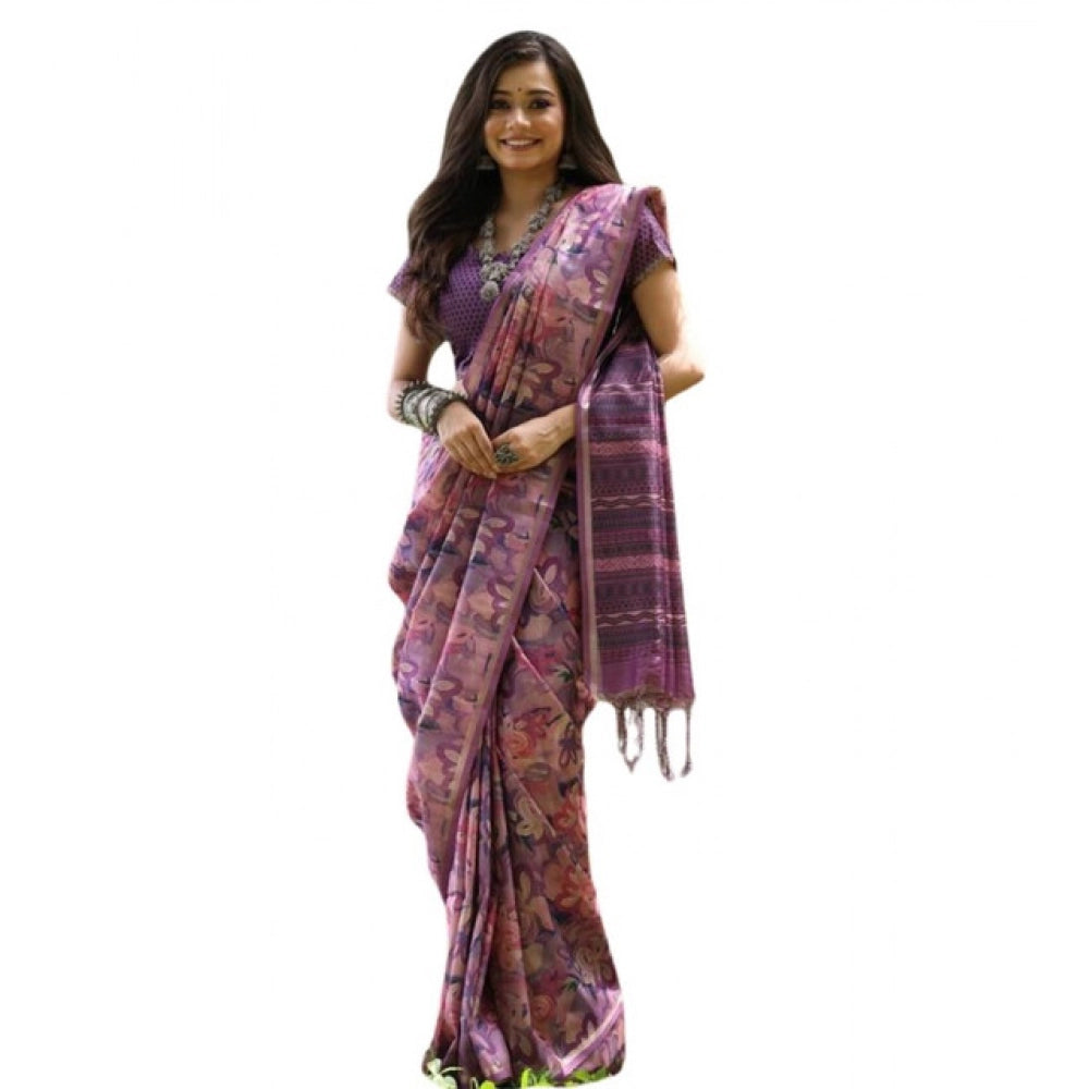 Women's Faux_Tussar_Silk Abstract_Print Saree With Unstitched Blouse 5.5Mtr (Purple)