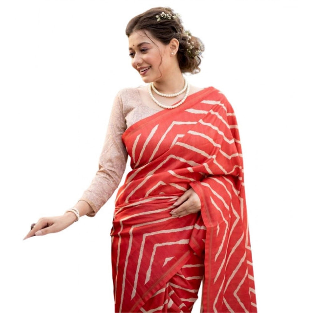 Women's Faux_Tussar_Silk Geometric_Print Saree With Unstitched Blouse 5.5Mtr (Red)