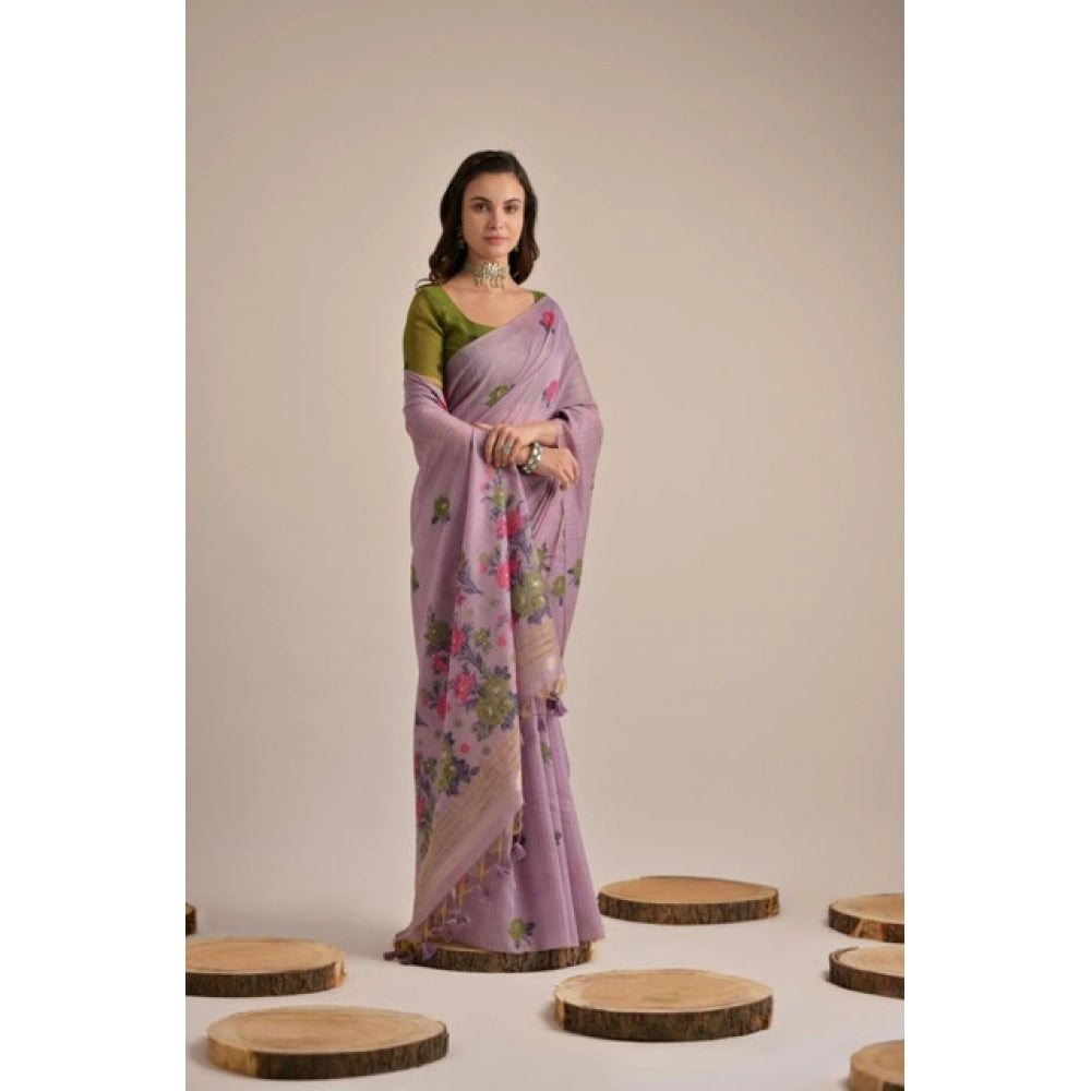 Women's Blended_Cotton Floral Motifs And Woven Buttas Saree With Unstitched Blouse 5.5Mtr (Lavender)