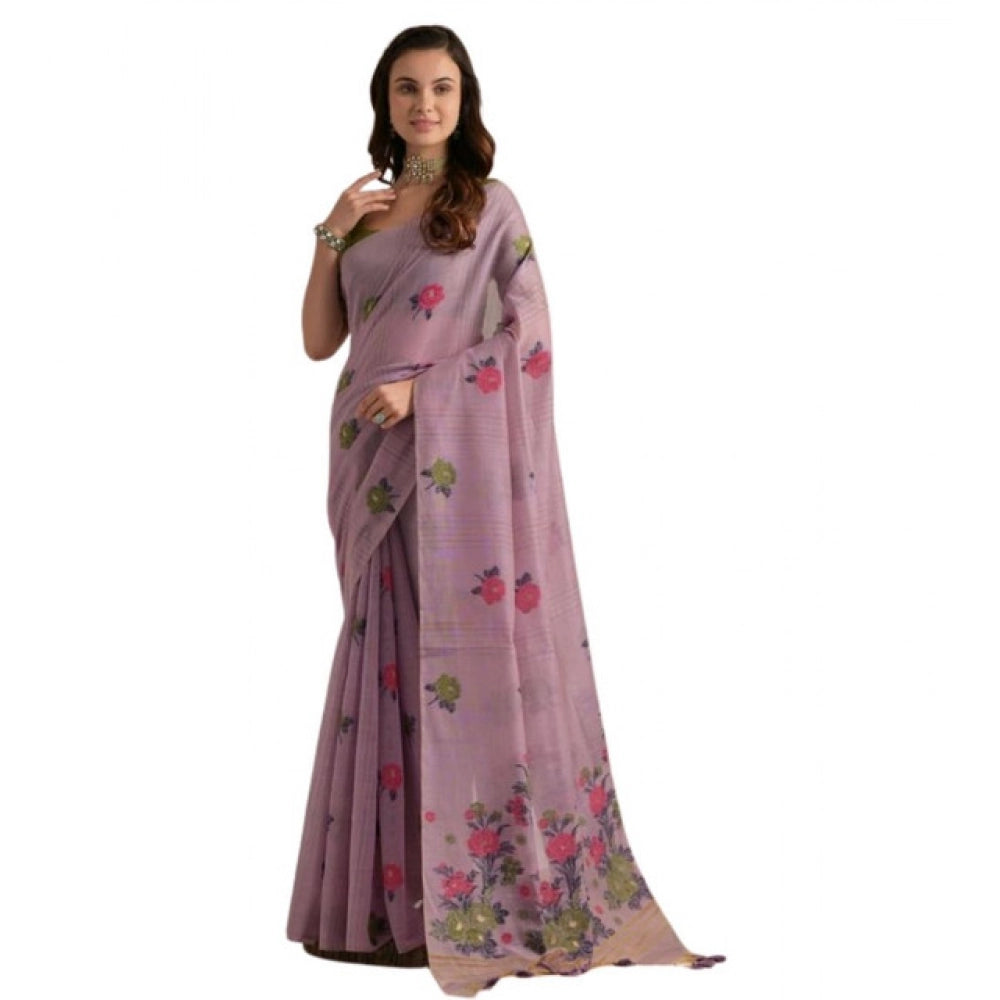 Women's Blended_Cotton Floral Motifs And Woven Buttas Saree With Unstitched Blouse 5.5Mtr (Lavender)