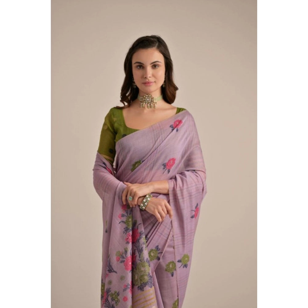 Women's Blended_Cotton Floral Motifs And Woven Buttas Saree With Unstitched Blouse 5.5Mtr (Lavender)