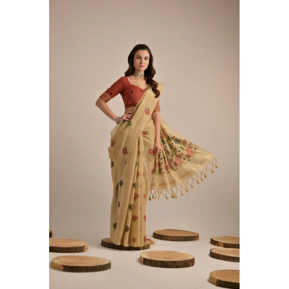Women's Blended_Cotton Floral Motifs And Woven Buttas Saree With Unstitched Blouse 5.5Mtr (Light_Beige)