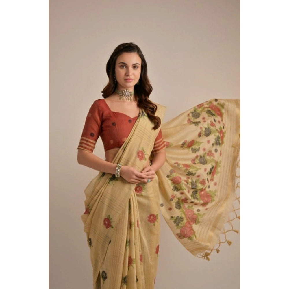 Women's Blended_Cotton Floral Motifs And Woven Buttas Saree With Unstitched Blouse 5.5Mtr (Light_Beige)