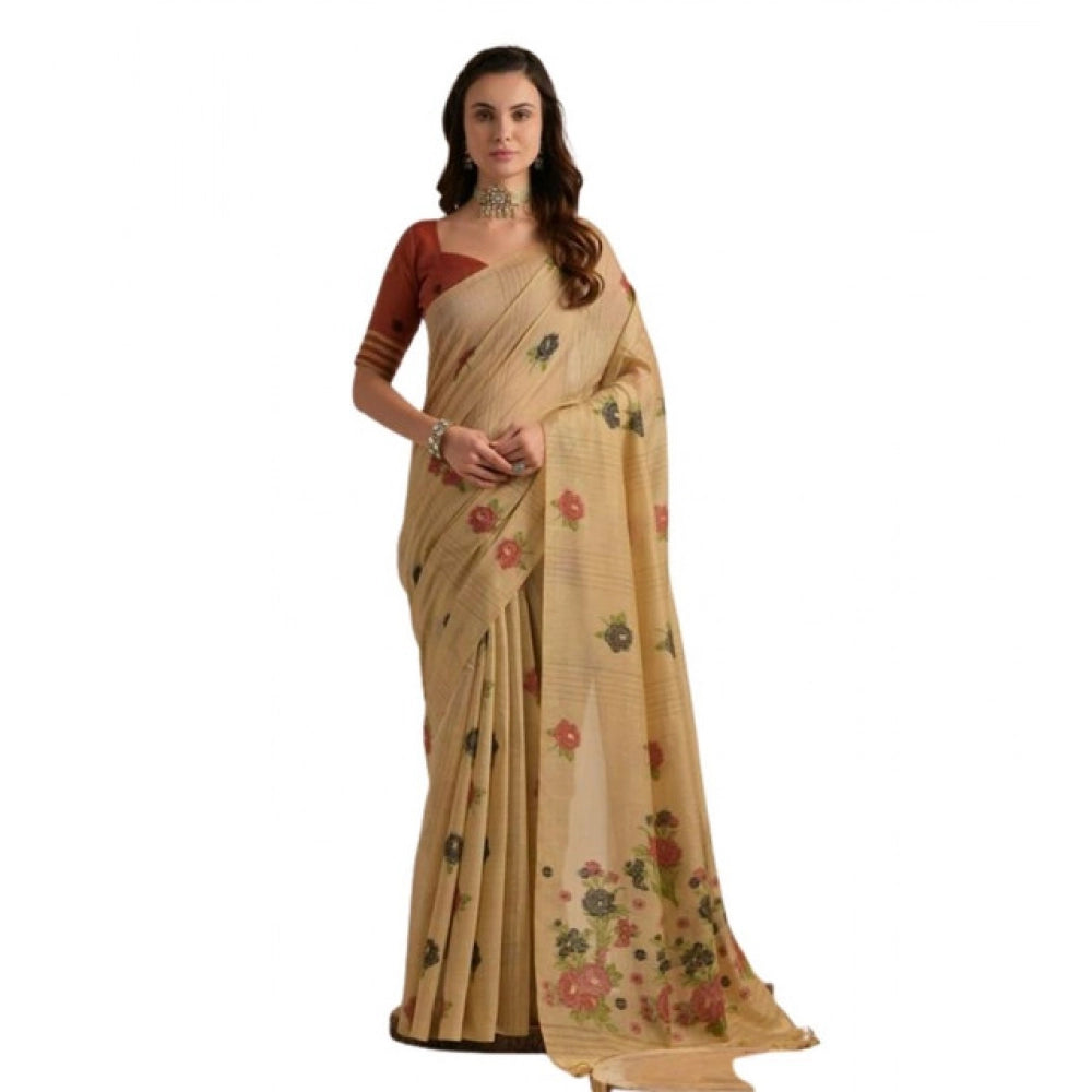 Women's Blended_Cotton Floral Motifs And Woven Buttas Saree With Unstitched Blouse 5.5Mtr (Light_Beige)