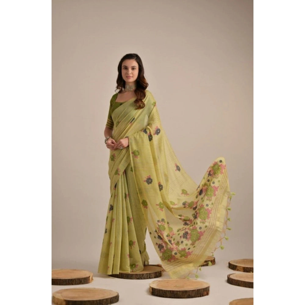 Women's Blended_Cotton Floral Motifs And Woven Buttas Saree With Unstitched Blouse 5.5Mtr (Light_Green)