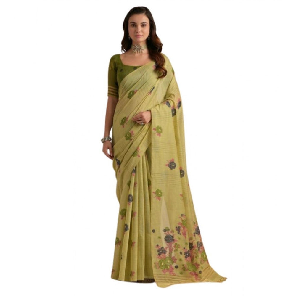 Women's Blended_Cotton Floral Motifs And Woven Buttas Saree With Unstitched Blouse 5.5Mtr (Light_Green)