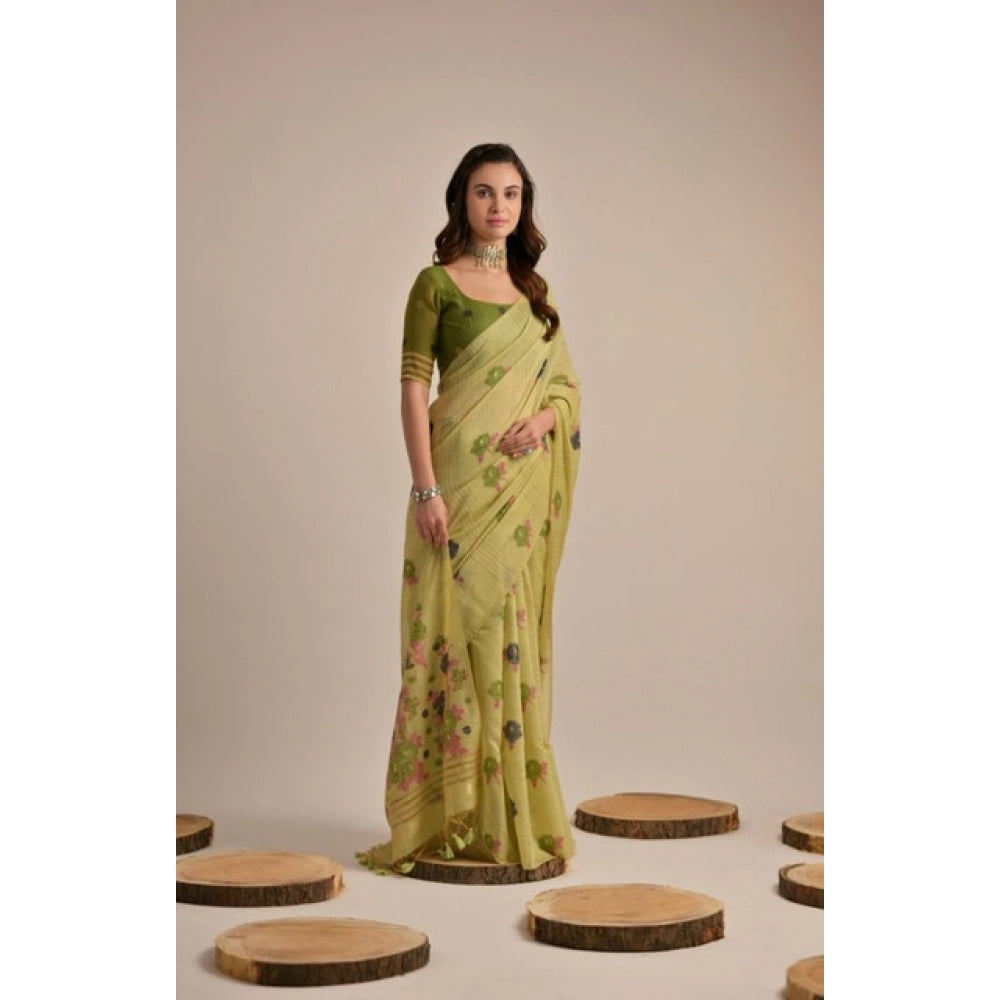 Women's Blended_Cotton Floral Motifs And Woven Buttas Saree With Unstitched Blouse 5.5Mtr (Light_Green)