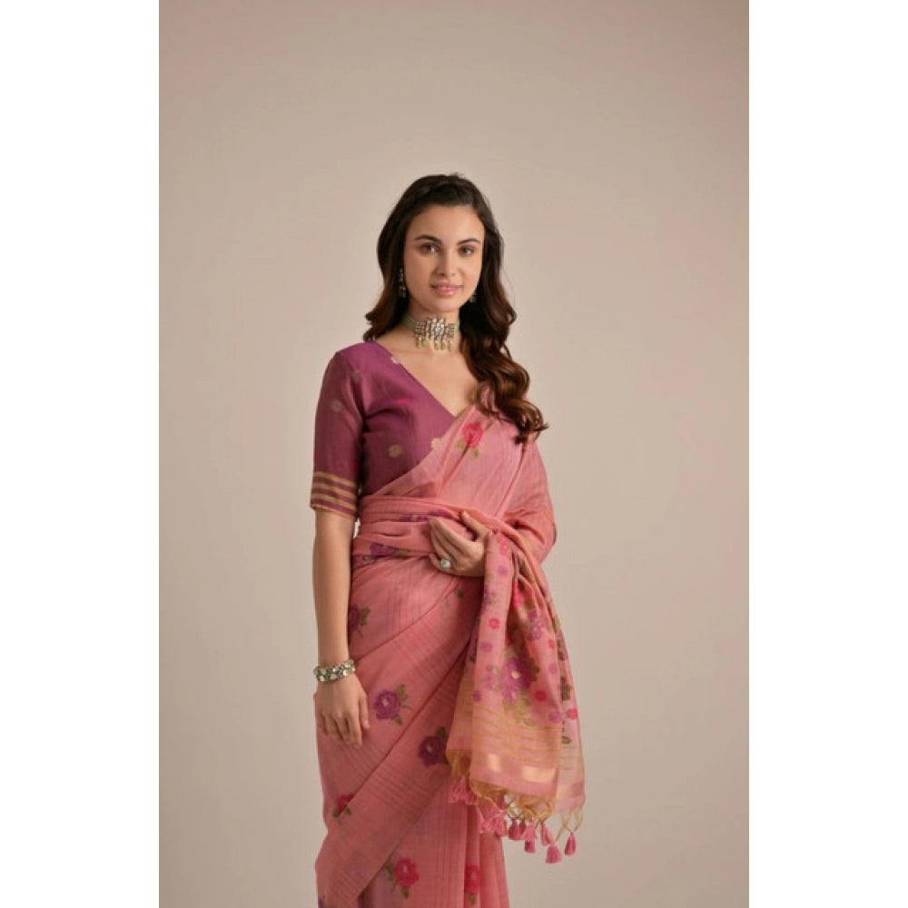 Women's Blended_Cotton Floral Motifs And Woven Buttas Saree With Unstitched Blouse 5.5Mtr (Pink)
