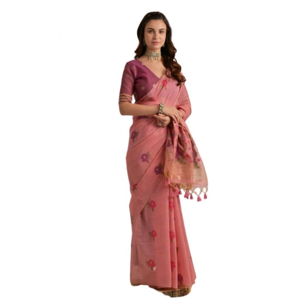 Women's Blended_Cotton Floral Motifs And Woven Buttas Saree With Unstitched Blouse 5.5Mtr (Pink)