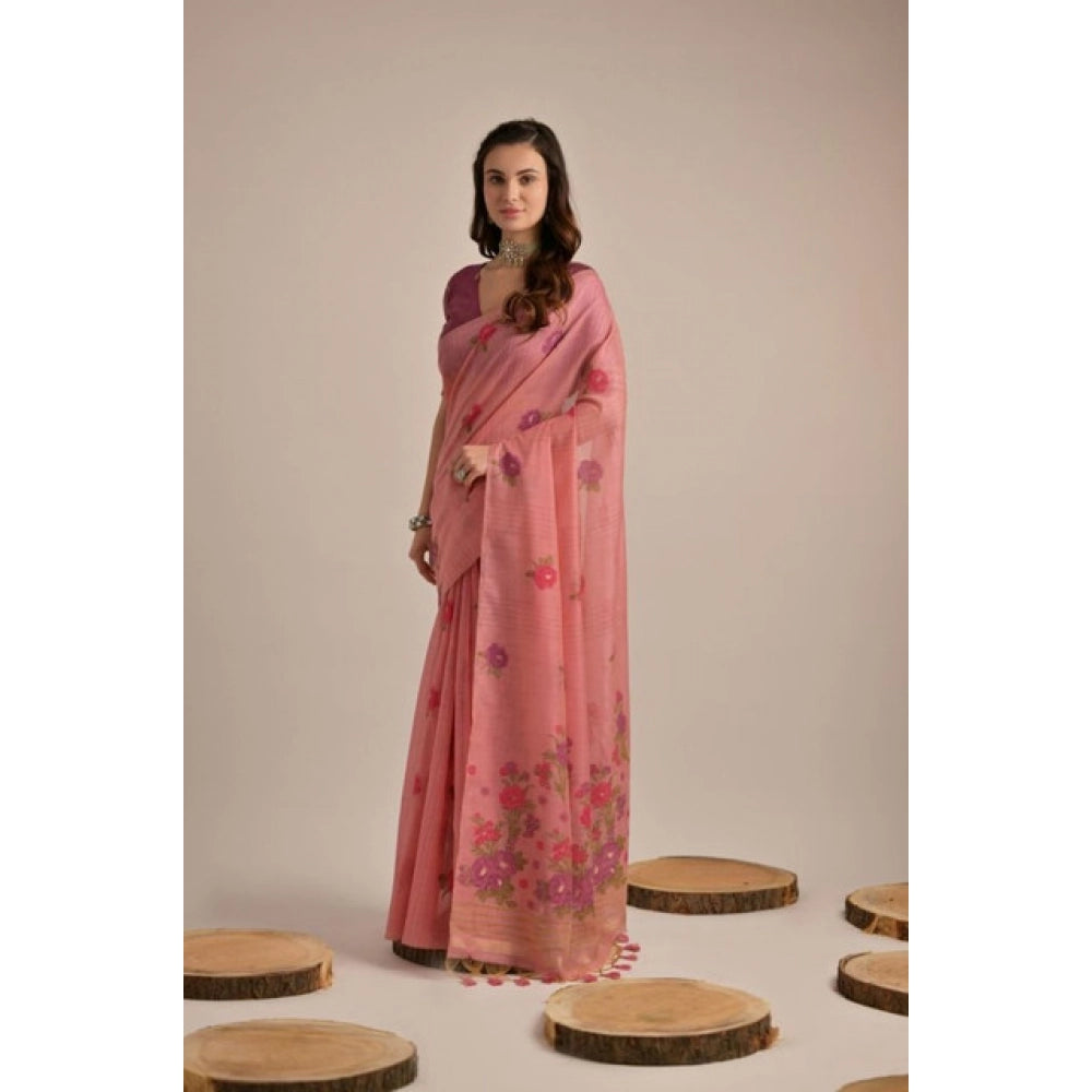 Women's Blended_Cotton Floral Motifs And Woven Buttas Saree With Unstitched Blouse 5.5Mtr (Pink)