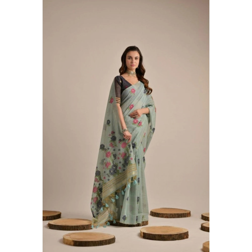 Women's Blended_Cotton Floral Motifs And Woven Buttas Saree With Unstitched Blouse 5.5Mtr (Teal)