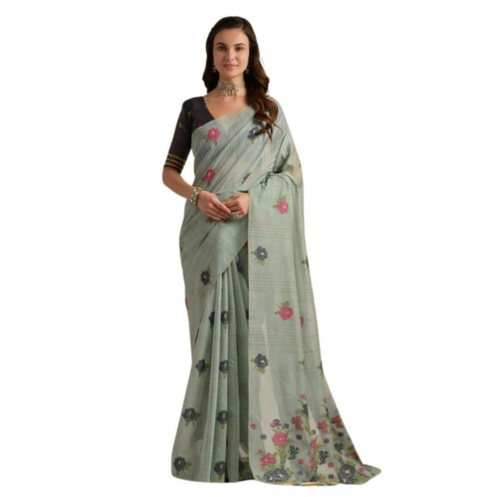 Women's Blended_Cotton Floral Motifs And Woven Buttas Saree With Unstitched Blouse 5.5Mtr (Teal)