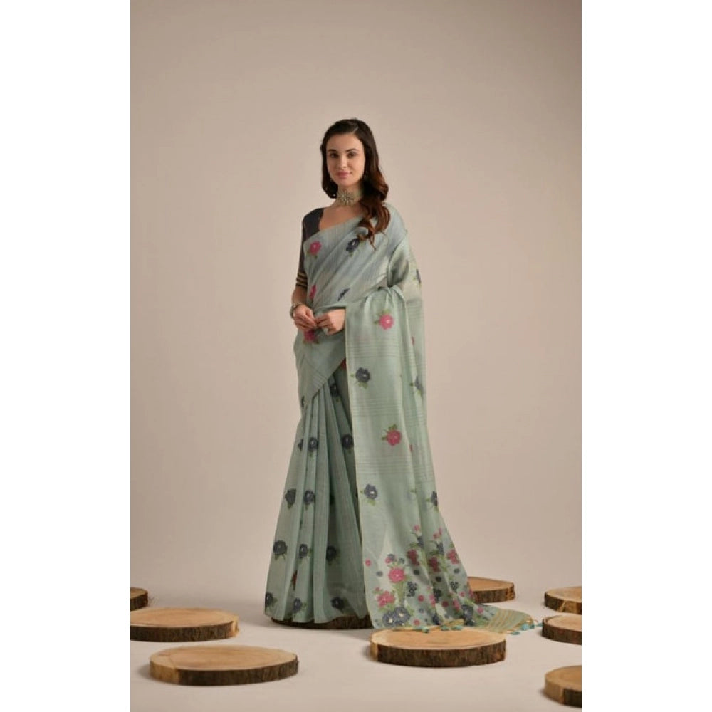Women's Blended_Cotton Floral Motifs And Woven Buttas Saree With Unstitched Blouse 5.5Mtr (Teal)