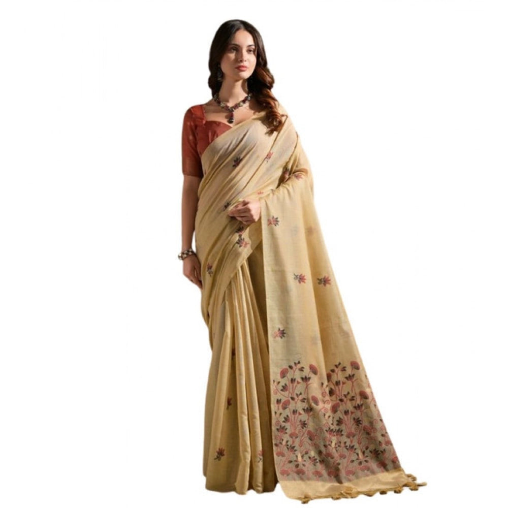 Women's Blended_Cotton Floral Saree With Unstitched Blouse 5.5Mtr (Beige)