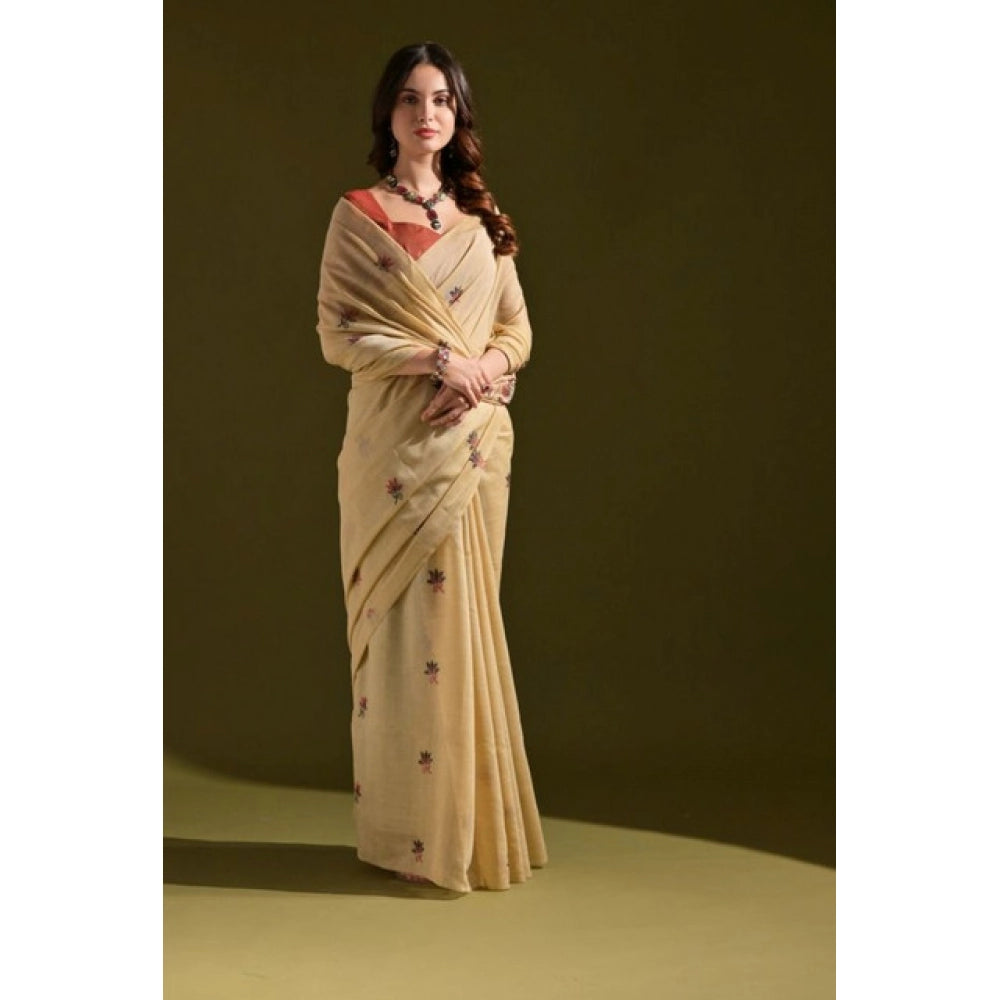 Women's Blended_Cotton Floral Saree With Unstitched Blouse 5.5Mtr (Beige)