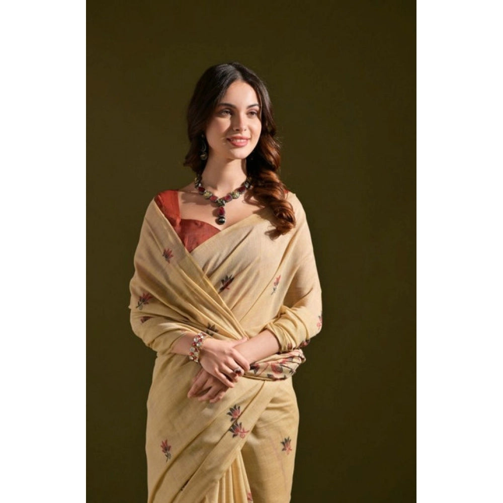 Women's Blended_Cotton Floral Saree With Unstitched Blouse 5.5Mtr (Beige)