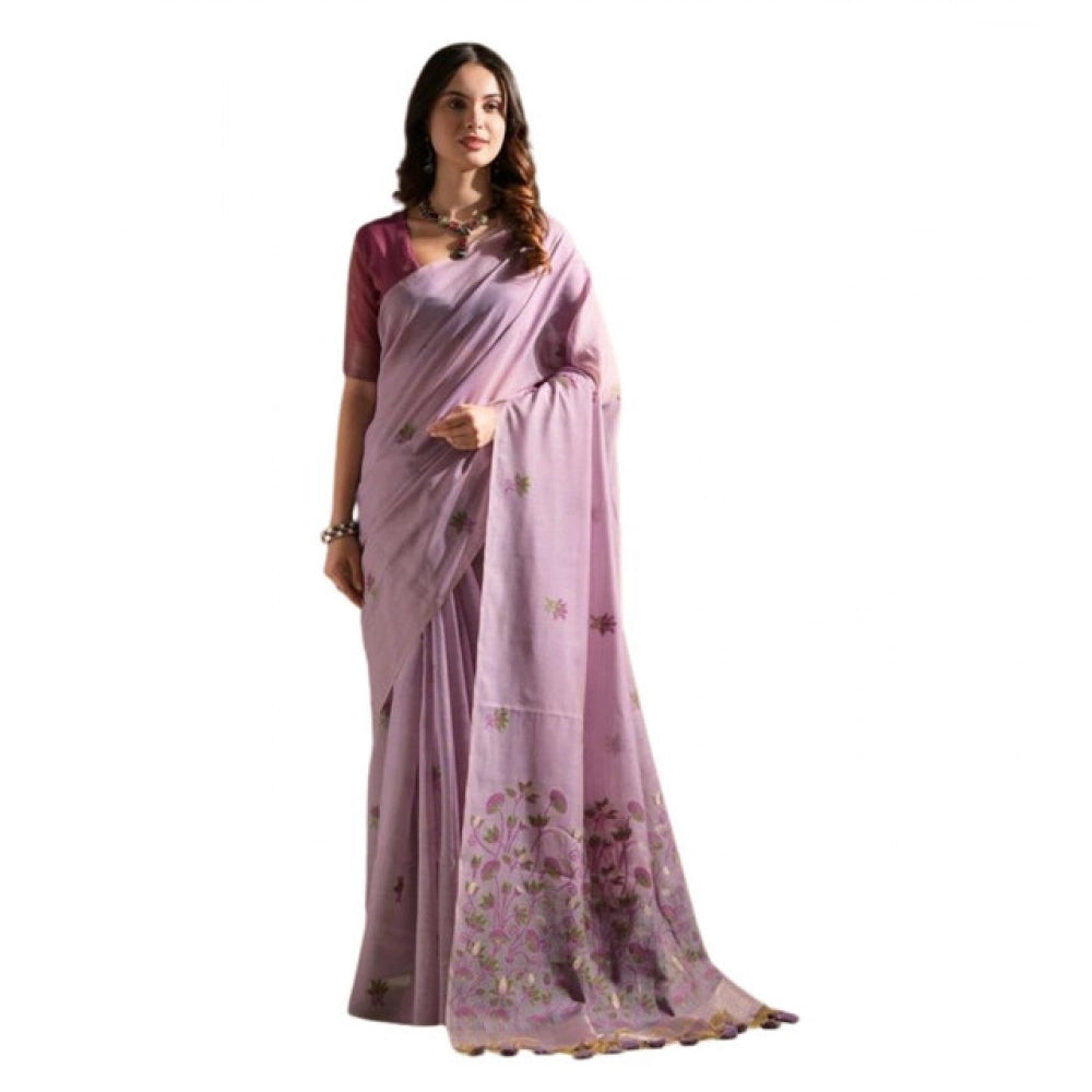Women's Blended_Cotton Floral Saree With Unstitched Blouse 5.5Mtr (Lavender)