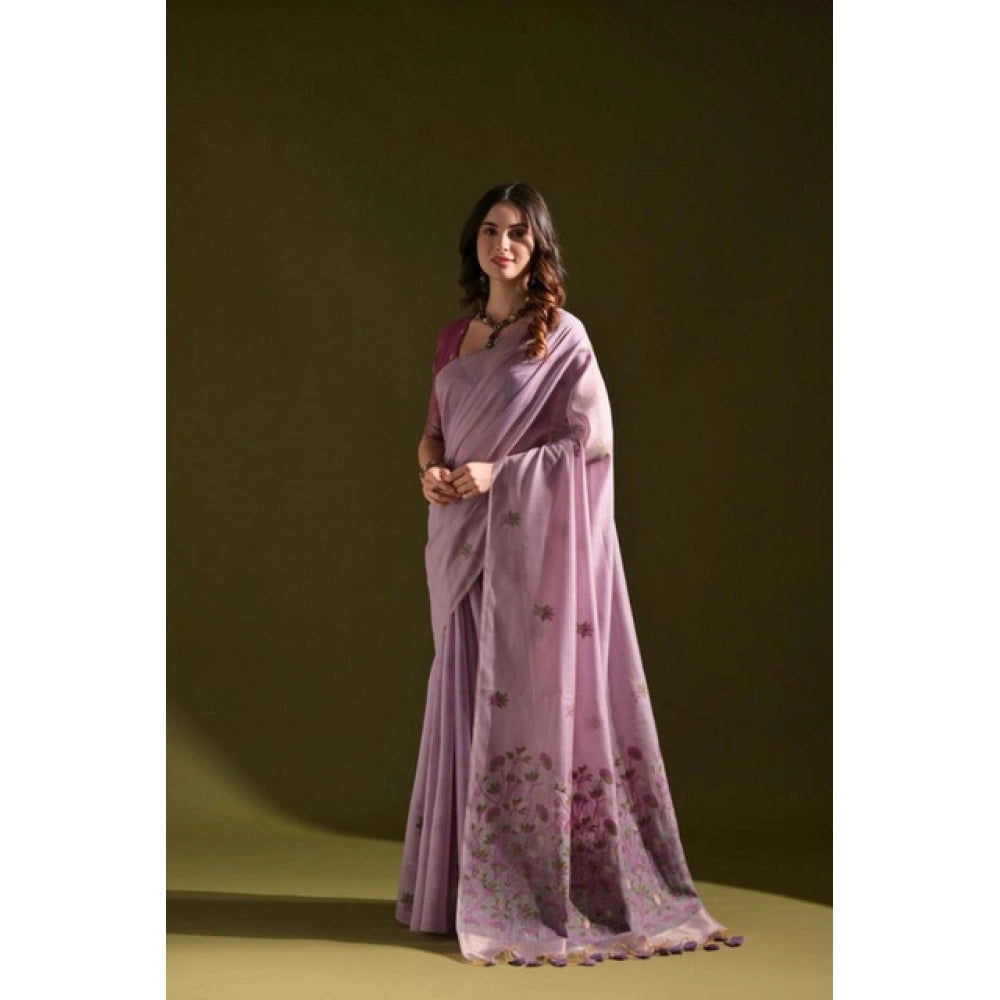 Women's Blended_Cotton Floral Saree With Unstitched Blouse 5.5Mtr (Lavender)