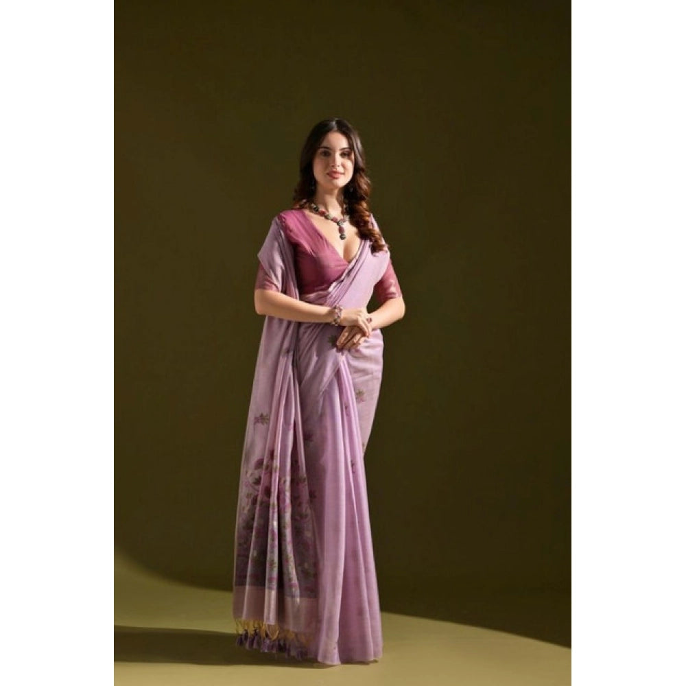 Women's Blended_Cotton Floral Saree With Unstitched Blouse 5.5Mtr (Lavender)