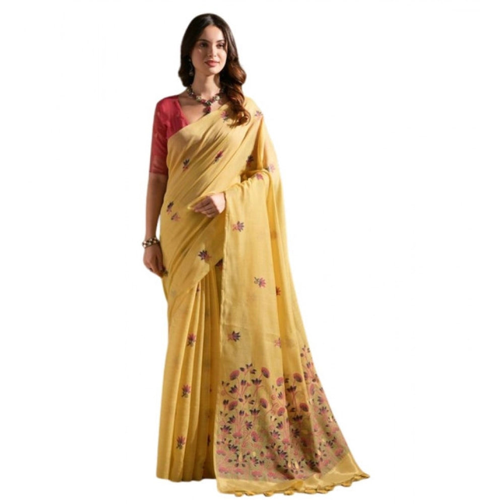 Women's Blended_Cotton Floral Saree With Unstitched Blouse 5.5Mtr (Mustard)