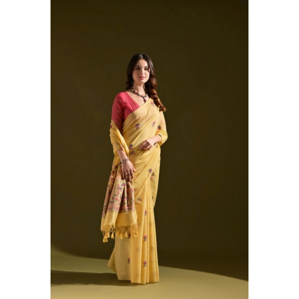 Women's Blended_Cotton Floral Saree With Unstitched Blouse 5.5Mtr (Mustard)
