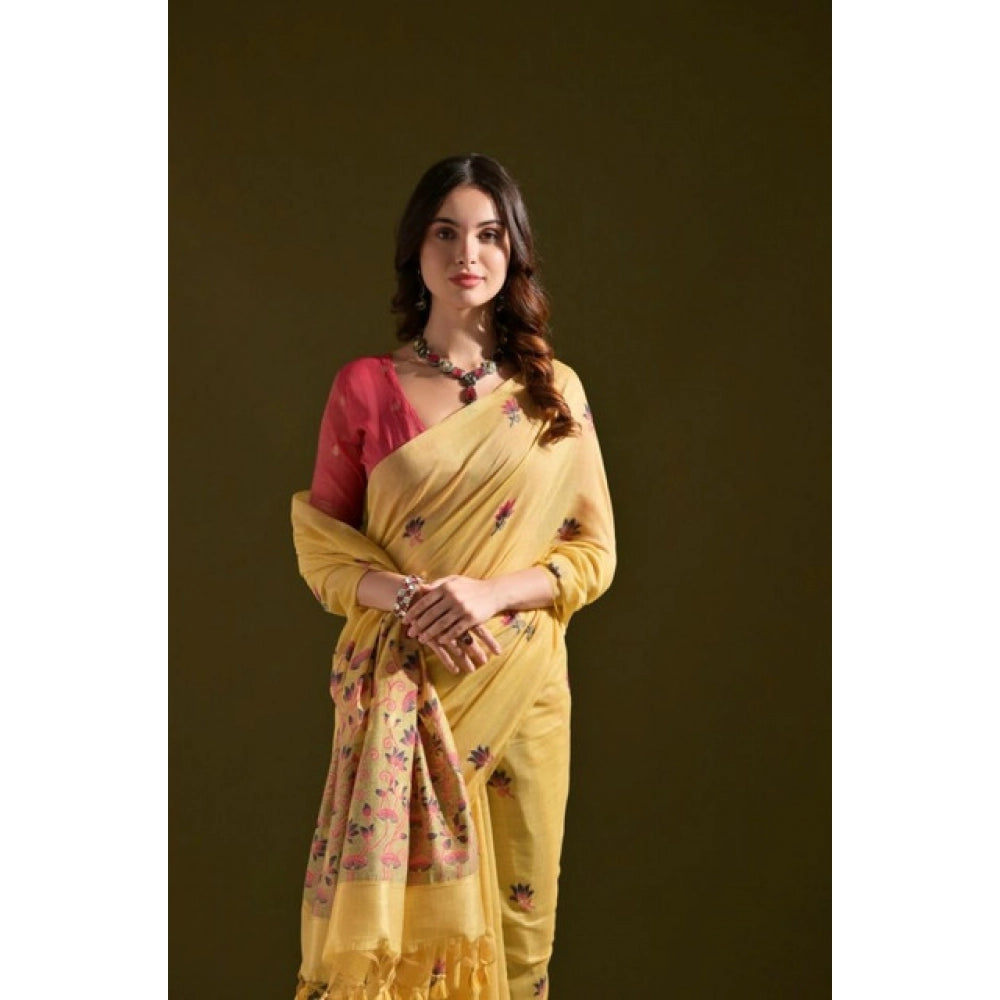 Women's Blended_Cotton Floral Saree With Unstitched Blouse 5.5Mtr (Mustard)