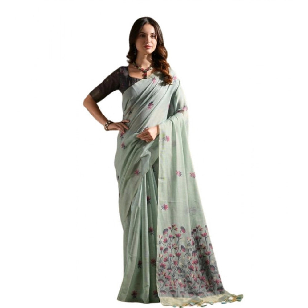 Women's Blended_Cotton Floral Saree With Unstitched Blouse 5.5Mtr (Aqua_Blue)