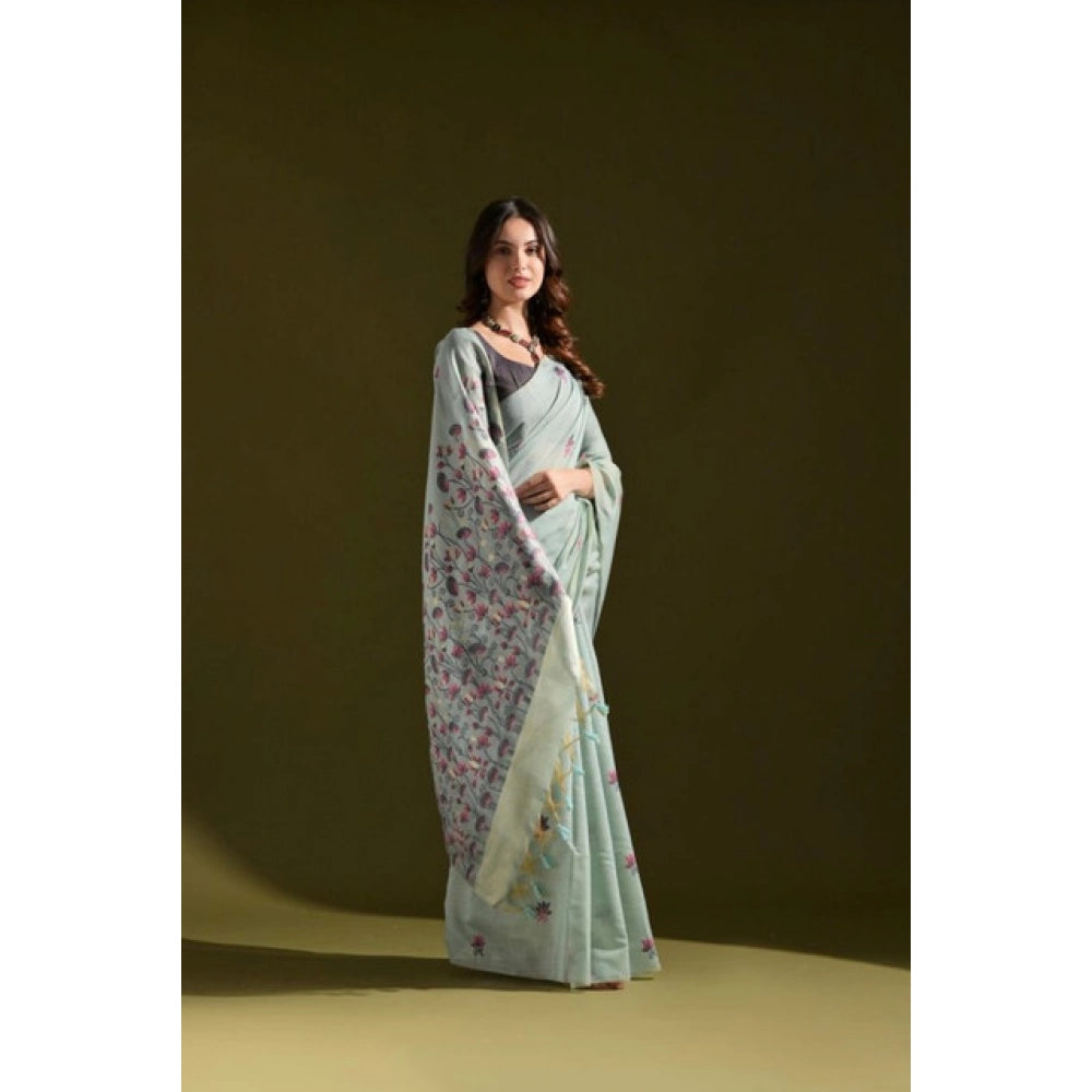 Women's Blended_Cotton Floral Saree With Unstitched Blouse 5.5Mtr (Aqua_Blue)