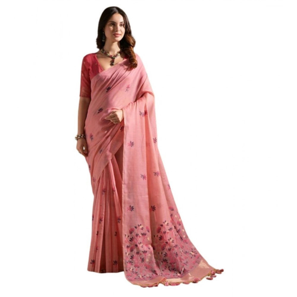 Women's Blended_Cotton Floral Saree With Unstitched Blouse 5.5Mtr (Pink)
