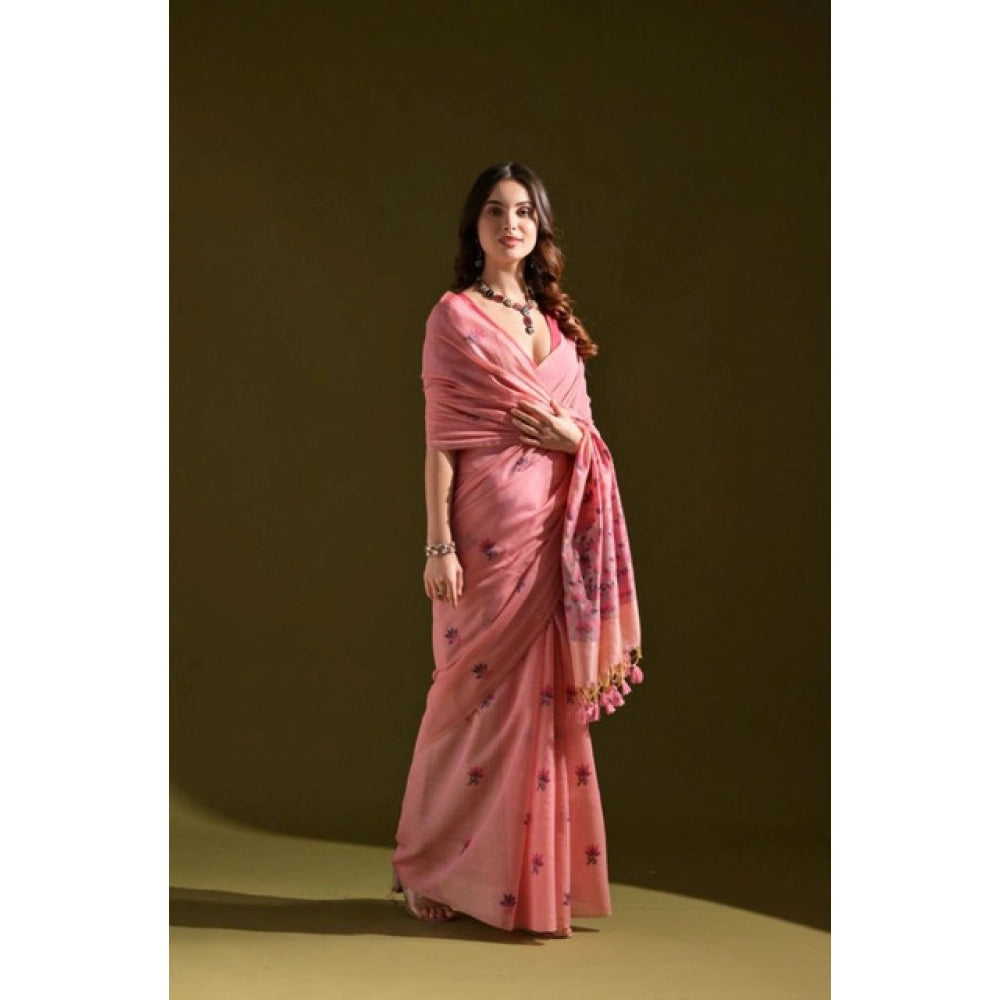 Women's Blended_Cotton Floral Saree With Unstitched Blouse 5.5Mtr (Pink)